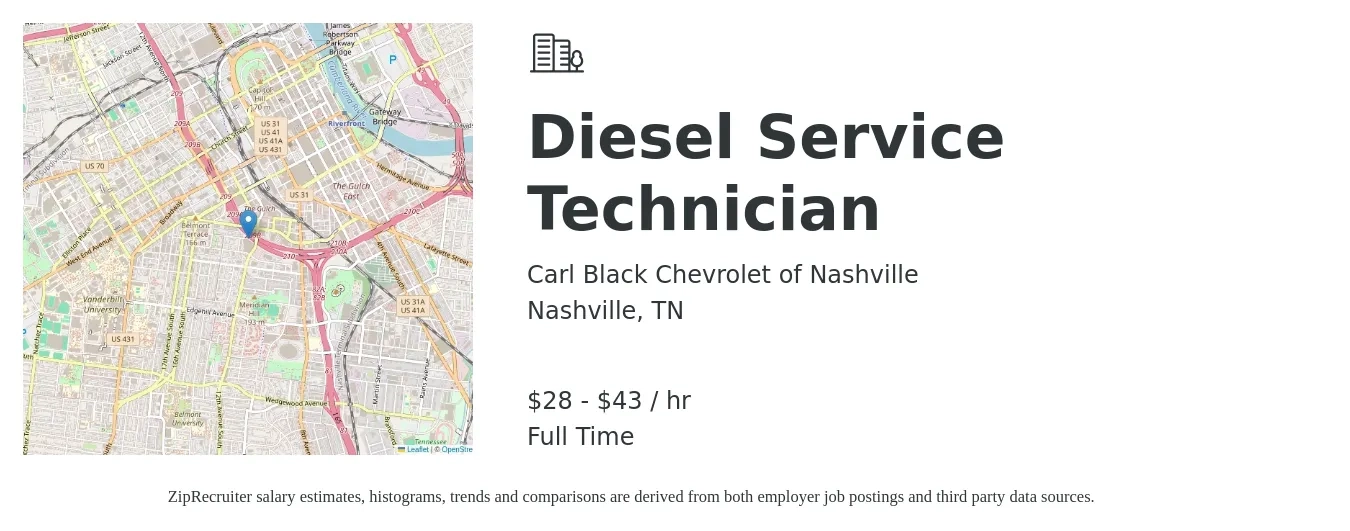 Carl Black Chevrolet of Nashville job posting for a Diesel Service Technician in Nashville, TN with a salary of $30 to $45 Hourly with a map of Nashville location.