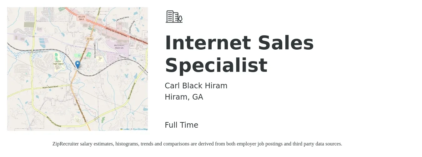 Carl Black Hiram job posting for a Internet Sales Specialist in Hiram, GA with a map of Hiram location.