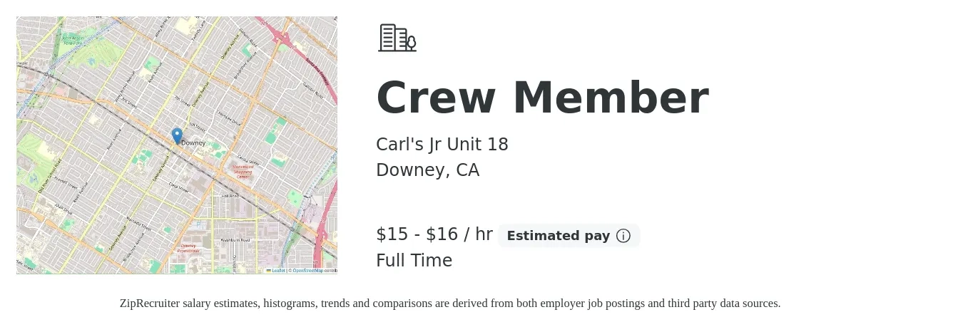 Carl's Jr Unit 18 job posting for a Crew Member in Downey, CA with a salary of $16 to $18 Hourly with a map of Downey location.