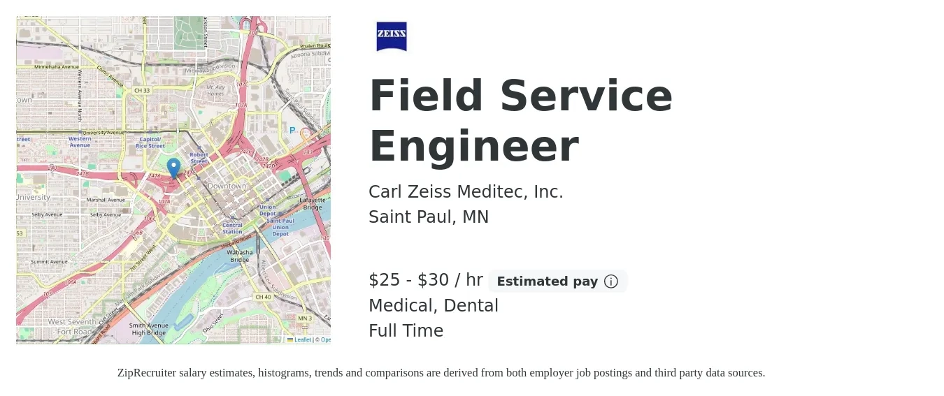 Carl Zeiss Meditec, Inc. job posting for a Field Service Engineer in Saint Paul, MN with a salary of $26 to $32 Hourly and benefits including dental, life_insurance, medical, and pto with a map of Saint Paul location.
