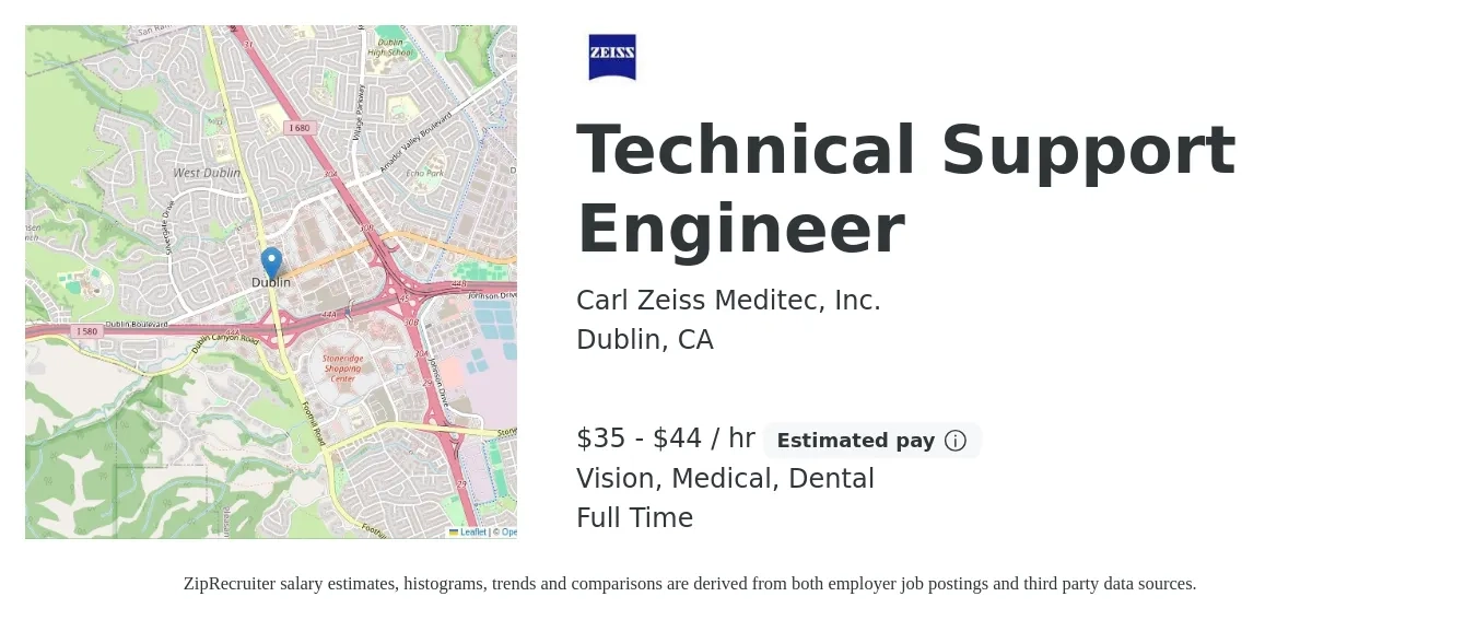 Carl Zeiss Meditec, Inc. job posting for a Technical Support Engineer in Dublin, CA with a salary of $37 to $46 Hourly and benefits including vision, dental, life_insurance, medical, and pto with a map of Dublin location.