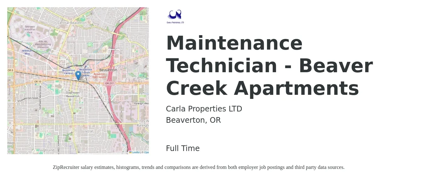 Carla Properties LTD job posting for a Maintenance Technician - Beaver Creek Apartments in Beaverton, OR with a salary of $3,503 to $4,203 Monthly with a map of Beaverton location.
