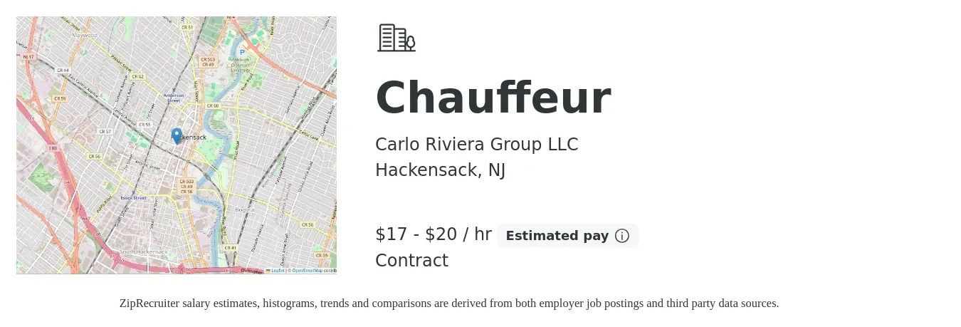Carlo Riviera Group LLC job posting for a Chauffeur in Hackensack, NJ with a salary of $18 to $21 Hourly with a map of Hackensack location.