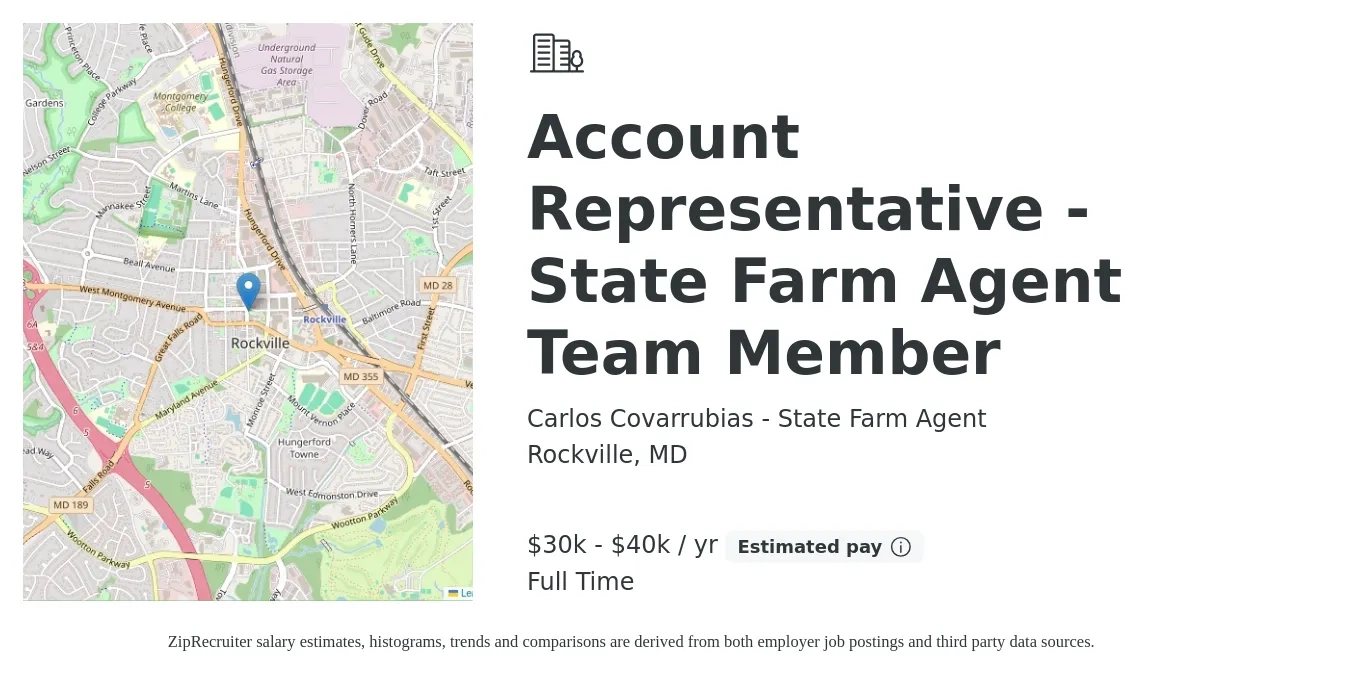 Carlos Covarrubias - State Farm Agent job posting for a Account Representative - State Farm Agent Team Member in Rockville, MD with a salary of $30,000 to $40,000 Yearly with a map of Rockville location.