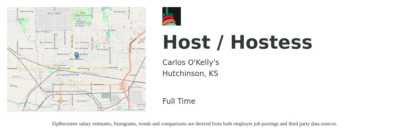 Carlos O'Kelly's job posting for a Host / Hostess in Hutchinson, KS with a salary of $10 to $14 Hourly with a map of Hutchinson location.