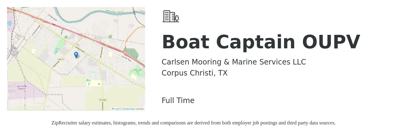 Carlsen Mooring & Marine Services LLC job posting for a Boat Captain OUPV in Corpus Christi, TX with a salary of $60,000 to $85,000 Yearly with a map of Corpus Christi location.