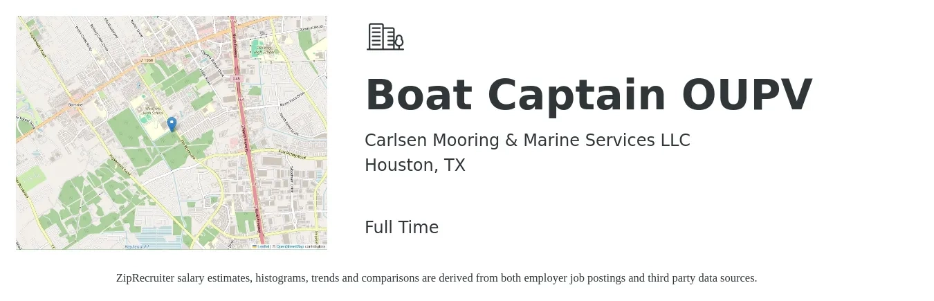 Carlsen Mooring & Marine Services LLC job posting for a Boat Captain OUPV in Houston, TX with a salary of $60,000 to $85,000 Monthly with a map of Houston location.