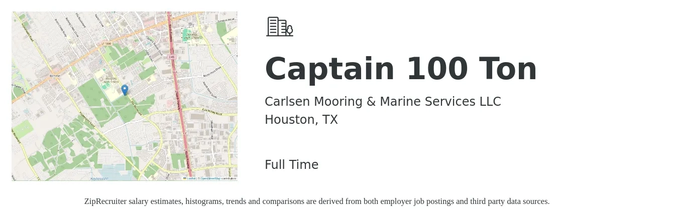Carlsen Mooring & Marine Services LLC job posting for a Captain 100 Ton in Houston, TX with a salary of $18 to $30 Hourly with a map of Houston location.
