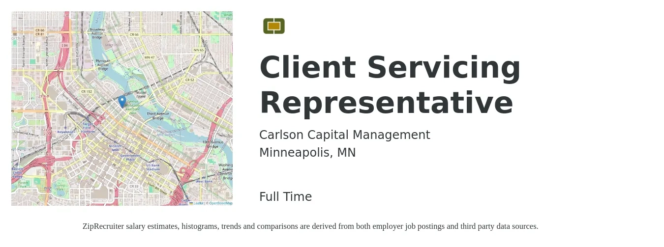 Carlson Capital Management job posting for a Client Servicing Representative in Minneapolis, MN with a salary of $16 to $22 Hourly with a map of Minneapolis location.