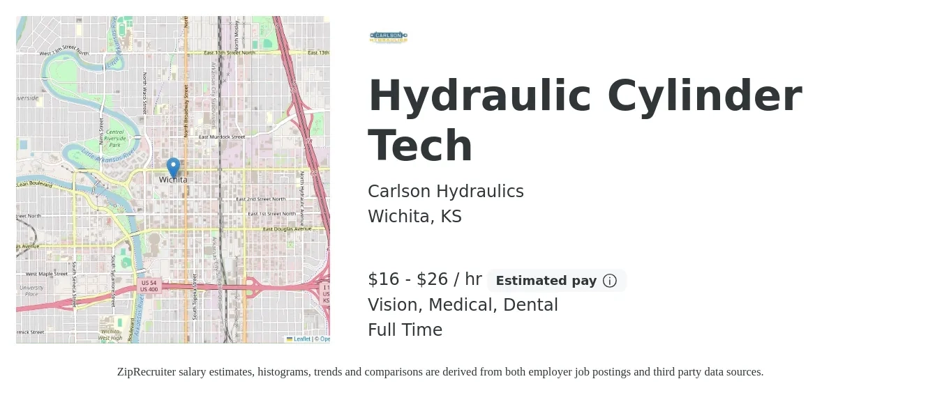 Carlson Hydraulics job posting for a Hydraulic Cylinder Tech in Wichita, KS with a salary of $17 to $28 Hourly and benefits including retirement, vision, dental, life_insurance, and medical with a map of Wichita location.
