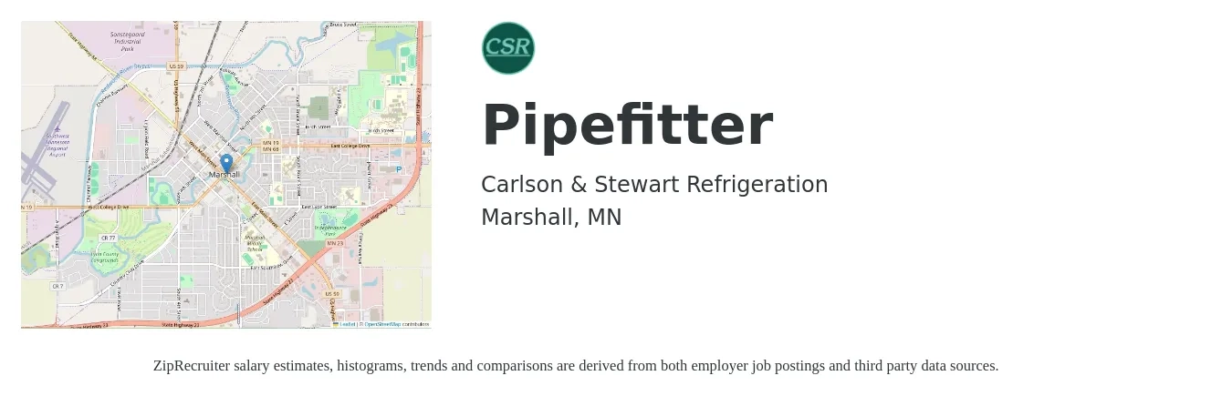 Carlson & Stewart Refrigeration job posting for a Pipefitter in Marshall, MN with a salary of $25 to $32 Hourly with a map of Marshall location.
