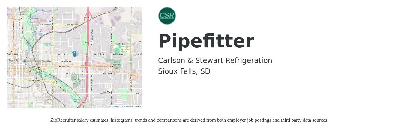 Carlson & Stewart Refrigeration job posting for a Pipefitter in Sioux Falls, SD with a salary of $25 to $32 Hourly with a map of Sioux Falls location.
