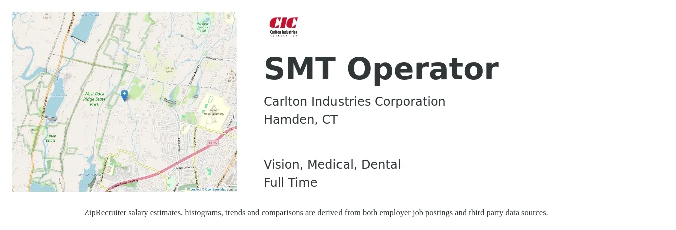 Carlton Industries Corporation job posting for a SMT Operator in Hamden, CT with a salary of $18 to $23 Hourly and benefits including dental, life_insurance, medical, pto, retirement, and vision with a map of Hamden location.