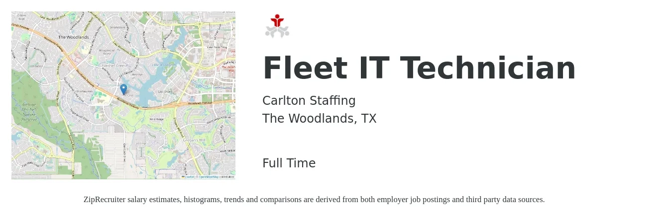 Carlton Staffing job posting for a Fleet IT Technician in The Woodlands, TX with a salary of $22 to $29 Hourly with a map of The Woodlands location.