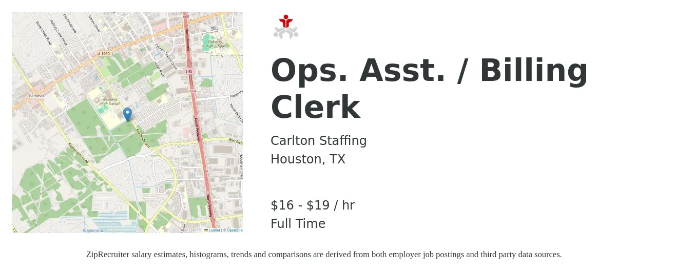 Carlton Staffing job posting for a Ops. Asst. / Billing Clerk in Houston, TX with a salary of $17 to $20 Hourly with a map of Houston location.