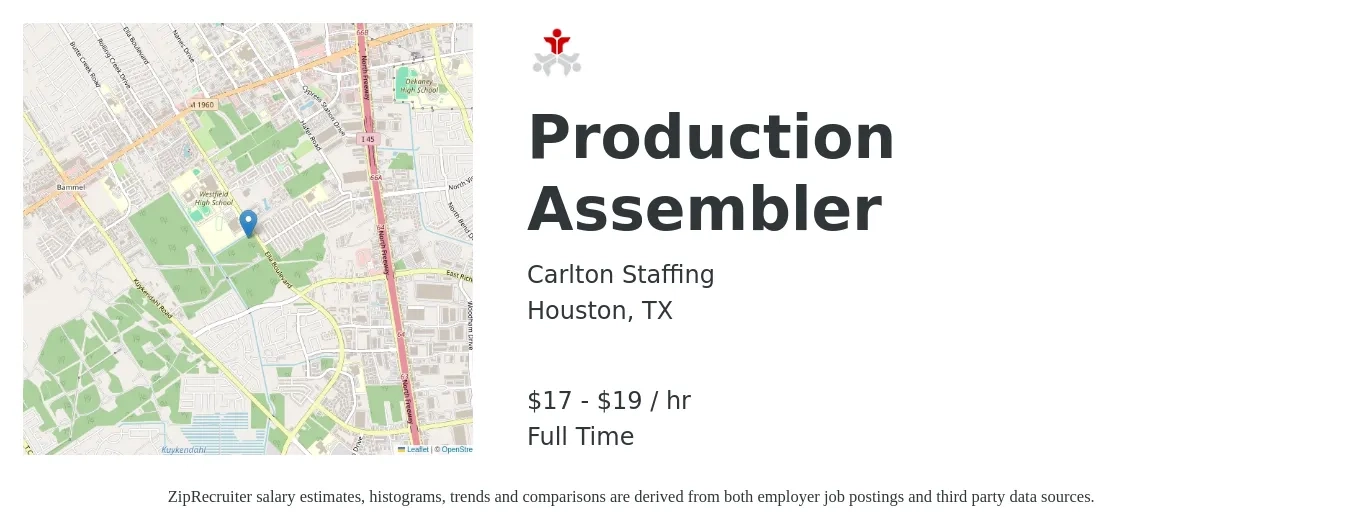 Carlton Staffing job posting for a Production Assembler in Houston, TX with a salary of $18 to $20 Hourly with a map of Houston location.