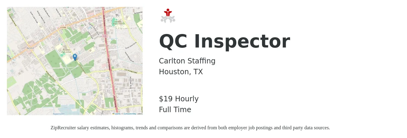 Carlton Staffing job posting for a QC Inspector in Houston, TX with a salary of $20 Hourly with a map of Houston location.