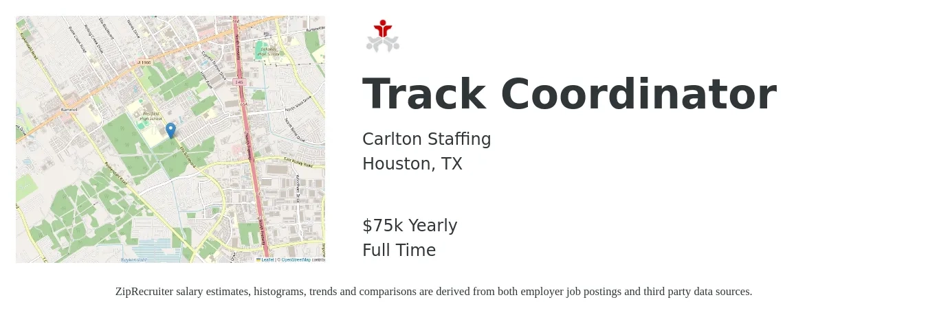 Carlton Staffing job posting for a Track Coordinator in Houston, TX with a salary of $75,000 Yearly with a map of Houston location.