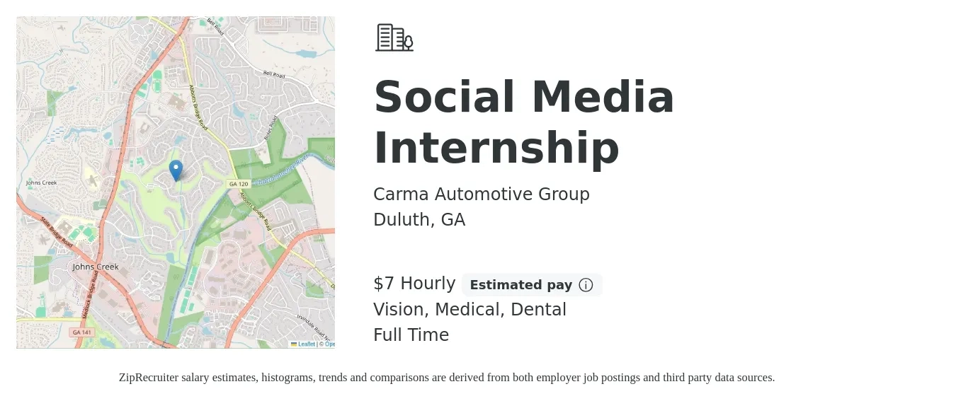 Carma Automotive Group job posting for a Social Media Internship in Duluth, GA with a salary of $8 Hourly and benefits including dental, life_insurance, medical, and vision with a map of Duluth location.