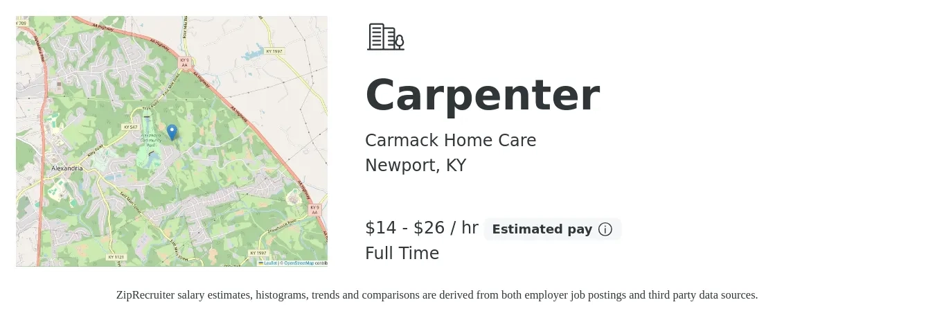 Carmack Home Care job posting for a Carpenter in Newport, KY with a salary of $15 to $28 Hourly with a map of Newport location.