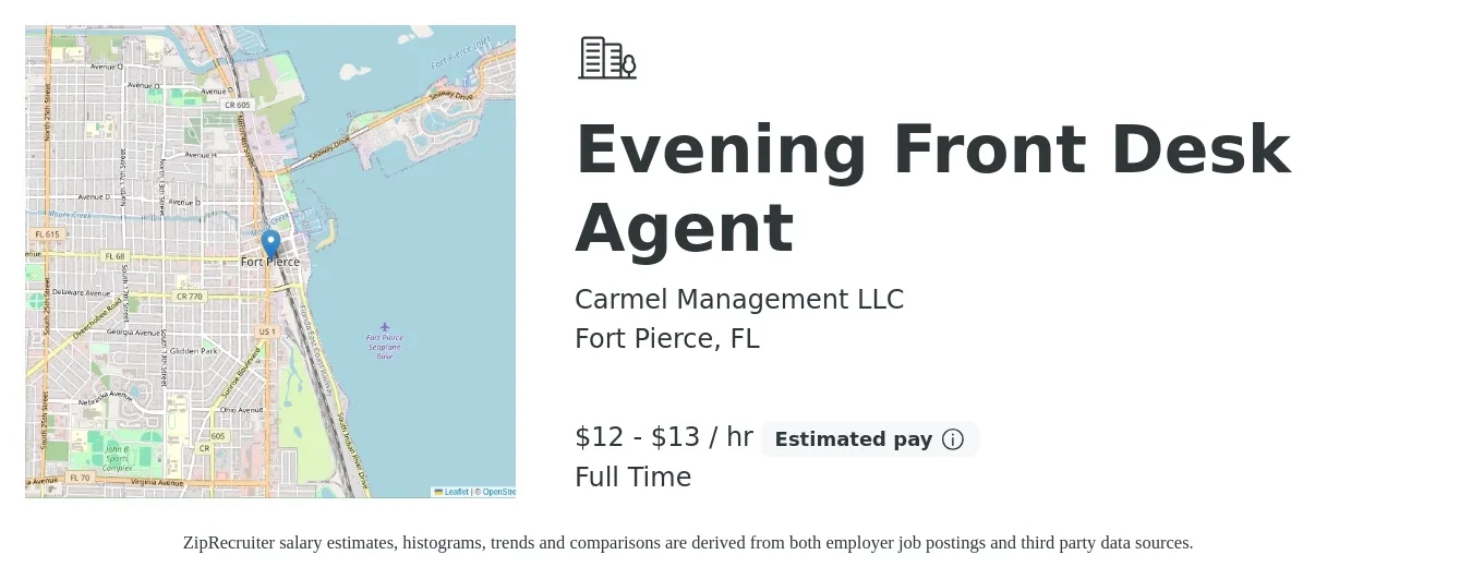 Carmel Management LLC job posting for a Evening Front Desk Agent in Fort Pierce, FL with a salary of $13 to $14 Hourly with a map of Fort Pierce location.