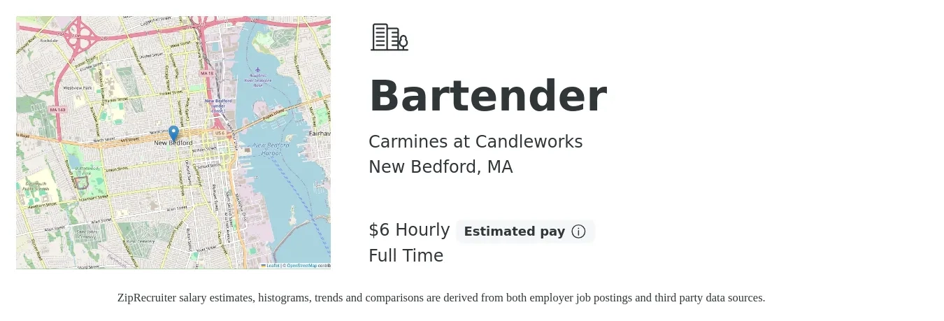 Carmines at Candleworks job posting for a Bartender in New Bedford, MA with a salary of $7 Hourly with a map of New Bedford location.