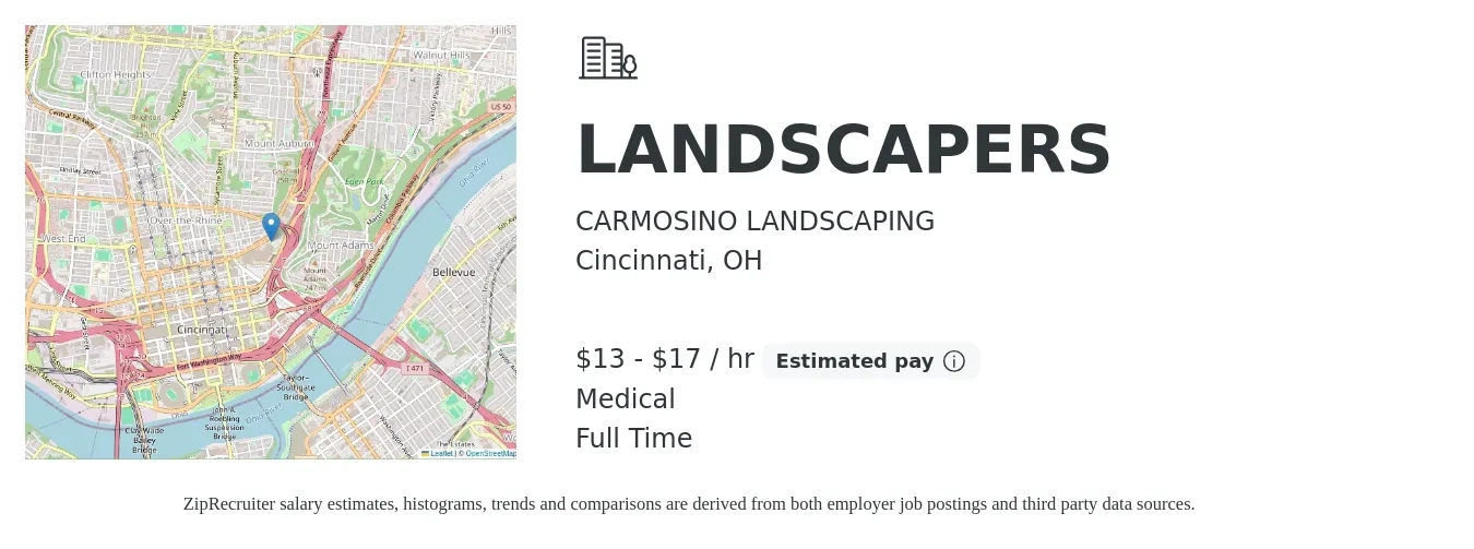 CARMOSINO LANDSCAPING job posting for a LANDSCAPERS in Cincinnati, OH with a salary of $14 to $18 Hourly and benefits including medical with a map of Cincinnati location.