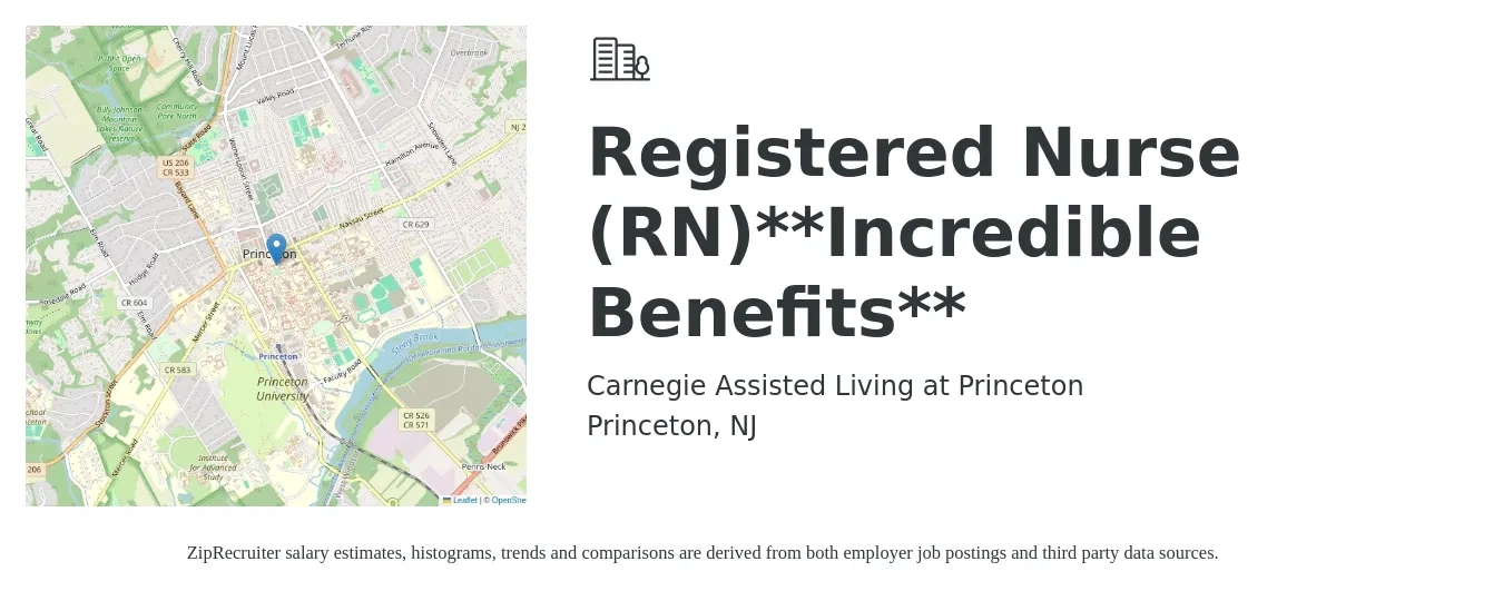 Carnegie Assisted Living at Princeton job posting for a Registered Nurse (RN)**Incredible Benefits** in Princeton, NJ with a salary of $34 to $54 Hourly with a map of Princeton location.