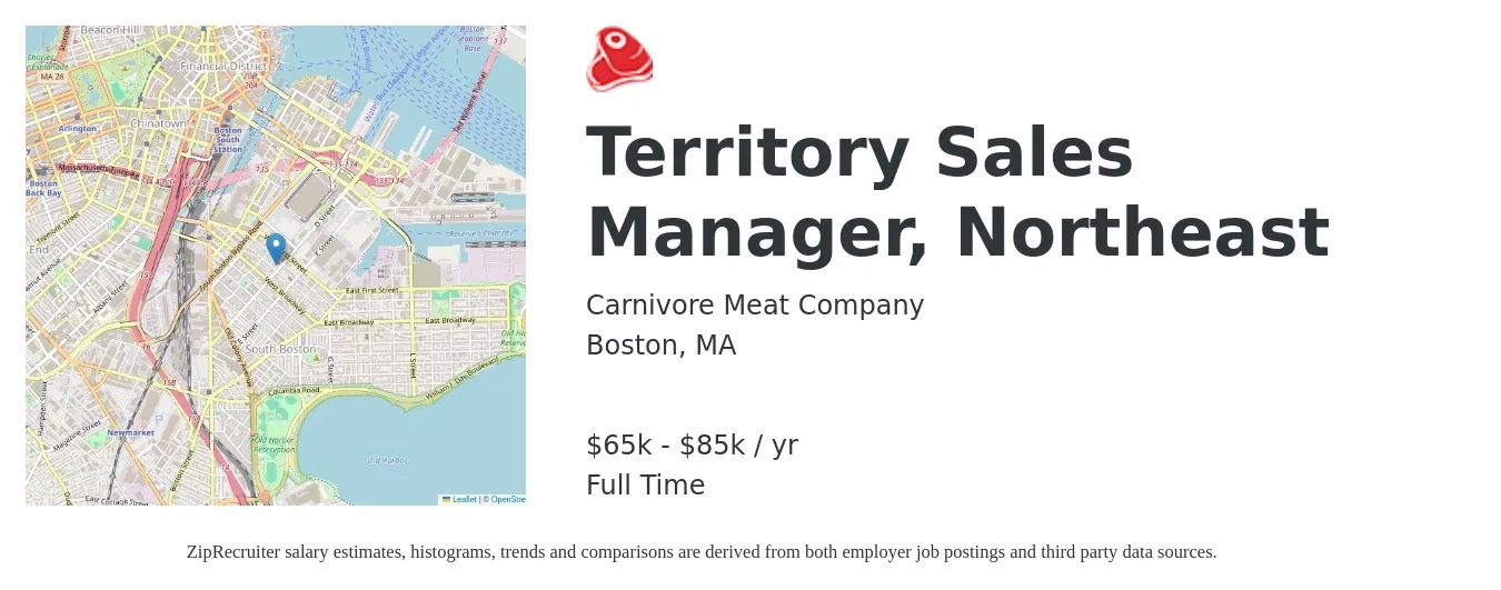 Carnivore Meat Company job posting for a Territory Sales Manager, Northeast in Boston, MA with a salary of $65,000 to $85,000 Yearly with a map of Boston location.