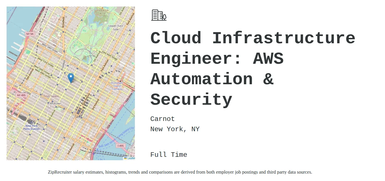 Carnot job posting for a Cloud Infrastructure Engineer: AWS Automation & Security in Manhattan, NY with a salary of $118,500 to $155,400 Annually with a map of Manhattan location.