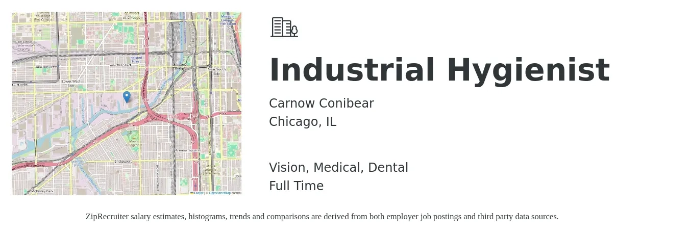 Carnow Conibear job posting for a Industrial Hygienist in Chicago, IL with a salary of $48,400 to $97,300 Yearly and benefits including pto, retirement, vision, dental, life_insurance, and medical with a map of Chicago location.