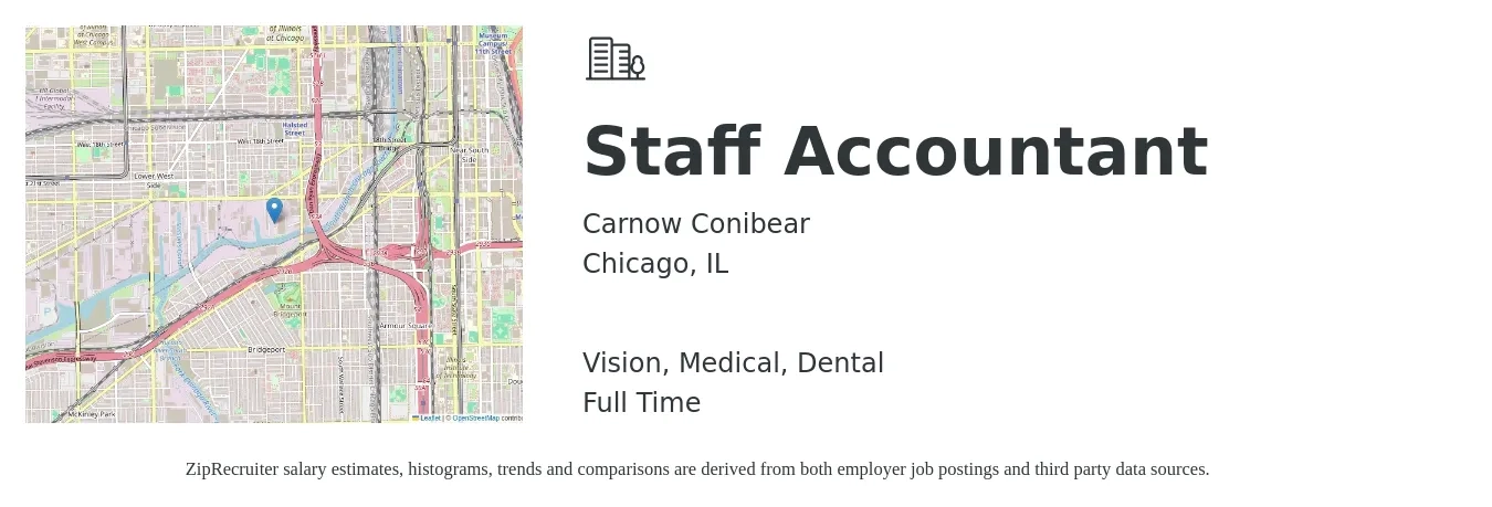 Carnow Conibear job posting for a Staff Accountant in Chicago, IL with a salary of $56,700 to $74,700 Yearly and benefits including vision, dental, life_insurance, medical, pto, and retirement with a map of Chicago location.