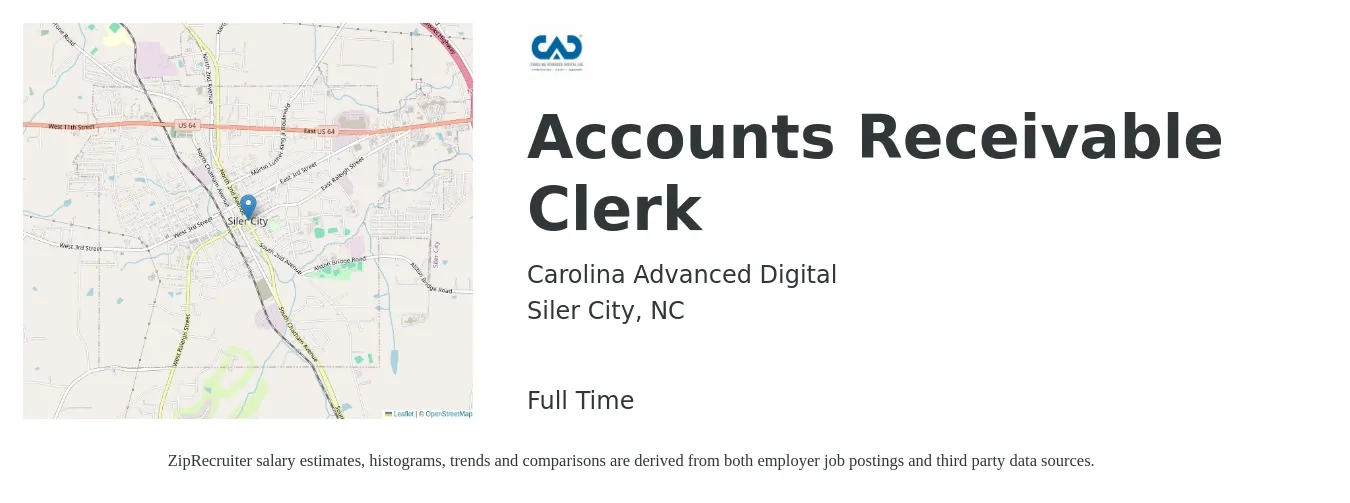 Carolina Advanced Digital job posting for a Accounts Receivable Clerk in Siler City, NC with a salary of $16 to $20 Hourly with a map of Siler City location.