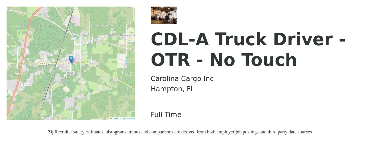 Carolina Cargo Inc job posting for a CDL-A Truck Driver - OTR - No Touch in Hampton, FL with a salary of $1,200 Weekly with a map of Hampton location.