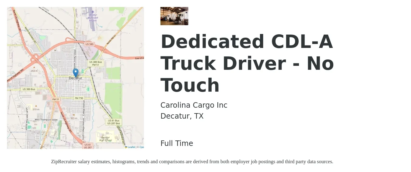 Carolina Cargo Inc job posting for a Dedicated CDL-A Truck Driver - No Touch in Decatur, TX with a salary of $1,900 Weekly with a map of Decatur location.