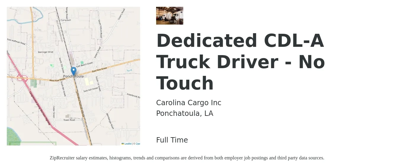 Carolina Cargo Inc job posting for a Dedicated CDL-A Truck Driver - No Touch in Ponchatoula, LA with a salary of $1,900 Weekly with a map of Ponchatoula location.