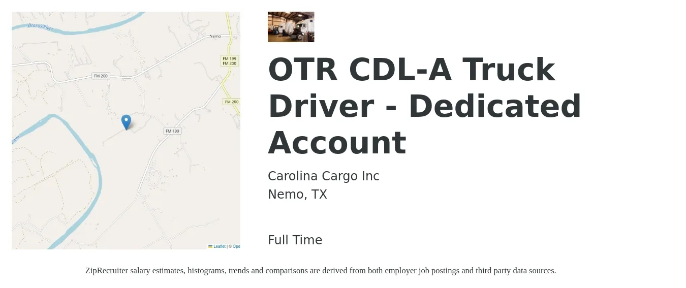 Carolina Cargo Inc job posting for a OTR CDL-A Truck Driver - Dedicated Account in Nemo, TX with a salary of $1,200 Weekly with a map of Nemo location.