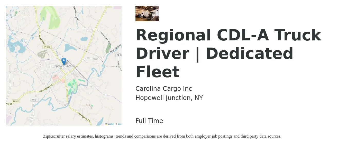 Carolina Cargo Inc job posting for a Regional CDL-A Truck Driver | Dedicated Fleet in Hopewell Junction, NY with a salary of $131,521 Yearly with a map of Hopewell Junction location.