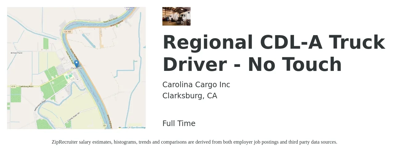 Carolina Cargo Inc job posting for a Regional CDL-A Truck Driver - No Touch in Clarksburg, CA with a salary of $1,900 Weekly with a map of Clarksburg location.