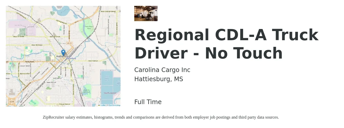 Carolina Cargo Inc job posting for a Regional CDL-A Truck Driver - No Touch in Hattiesburg, MS with a salary of $1,900 Weekly with a map of Hattiesburg location.