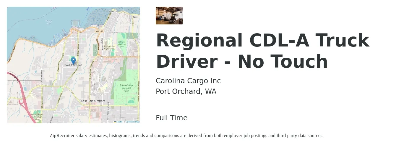 Carolina Cargo Inc job posting for a Regional CDL-A Truck Driver - No Touch in Port Orchard, WA with a salary of $1,900 Weekly with a map of Port Orchard location.