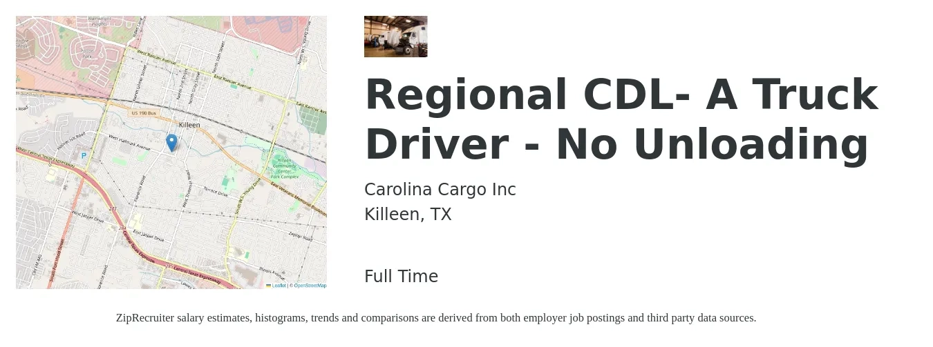 Carolina Cargo Inc job posting for a Regional CDL- A Truck Driver - No Unloading in Killeen, TX with a salary of $1,080 to $1,400 Daily with a map of Killeen location.