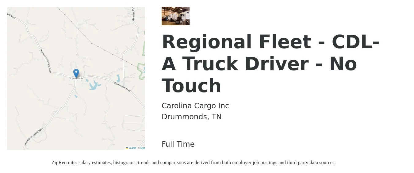 Carolina Cargo Inc job posting for a Regional Fleet - CDL-A Truck Driver - No Touch in Drummonds, TN with a salary of $1,900 Weekly with a map of Drummonds location.