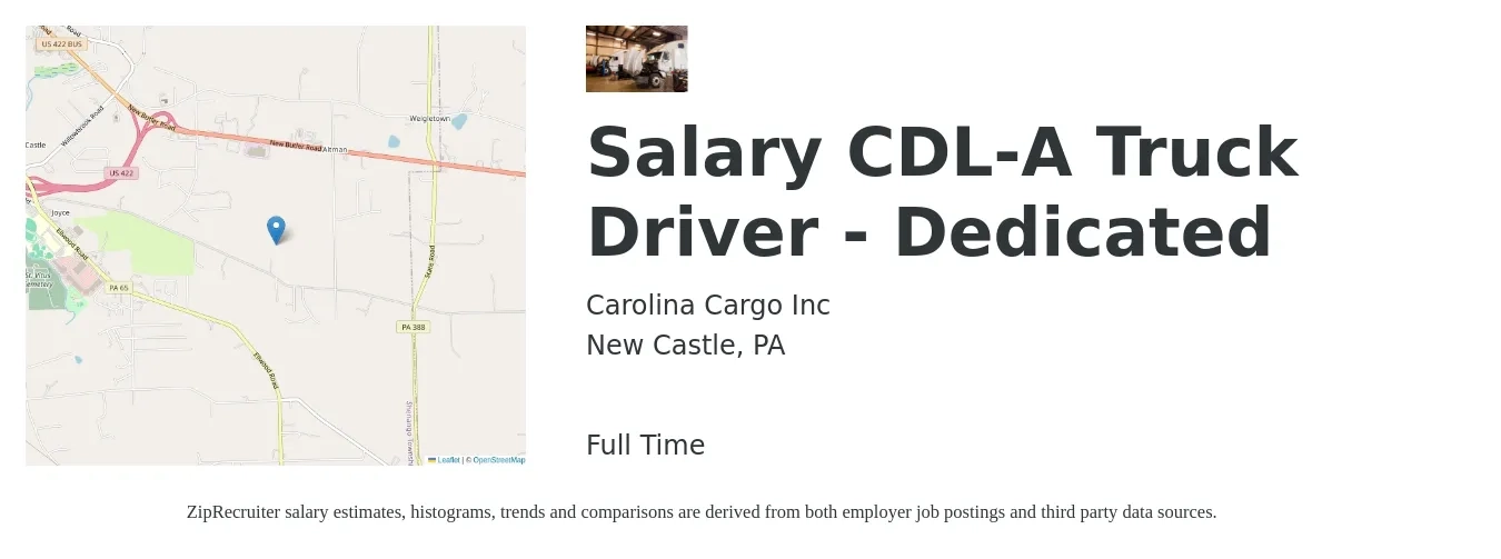 Carolina Cargo Inc job posting for a Salary CDL-A Truck Driver - Dedicated in New Castle, PA with a salary of $1,900 Weekly with a map of New Castle location.