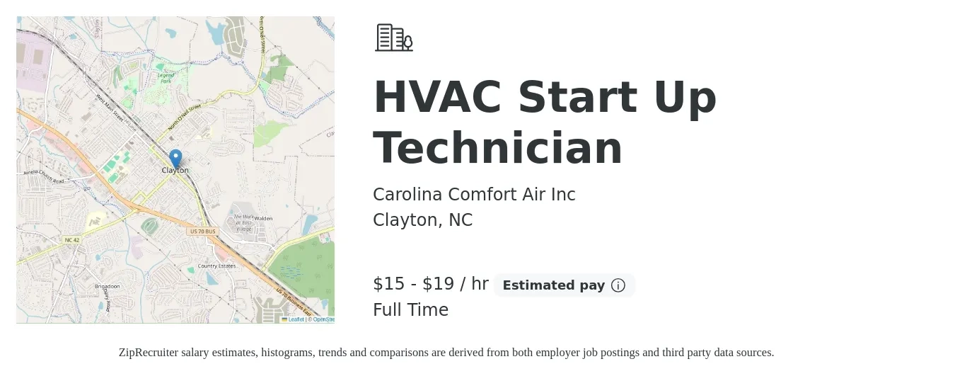 Carolina Comfort Air Inc job posting for a HVAC Start Up Technician in Clayton, NC with a salary of $16 to $20 Hourly with a map of Clayton location.