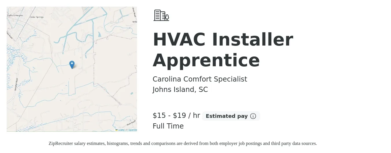 Carolina Comfort Specialist job posting for a HVAC Installer Apprentice in Johns Island, SC with a salary of $16 to $20 Hourly with a map of Johns Island location.