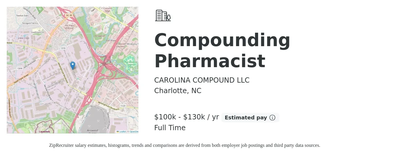CAROLINA COMPOUND LLC job posting for a Compounding Pharmacist in Charlotte, NC with a salary of $100,000 to $130,000 Yearly with a map of Charlotte location.