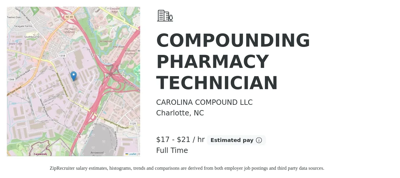 CAROLINA COMPOUND LLC job posting for a COMPOUNDING PHARMACY TECHNICIAN in Charlotte, NC with a salary of $18 to $22 Hourly with a map of Charlotte location.