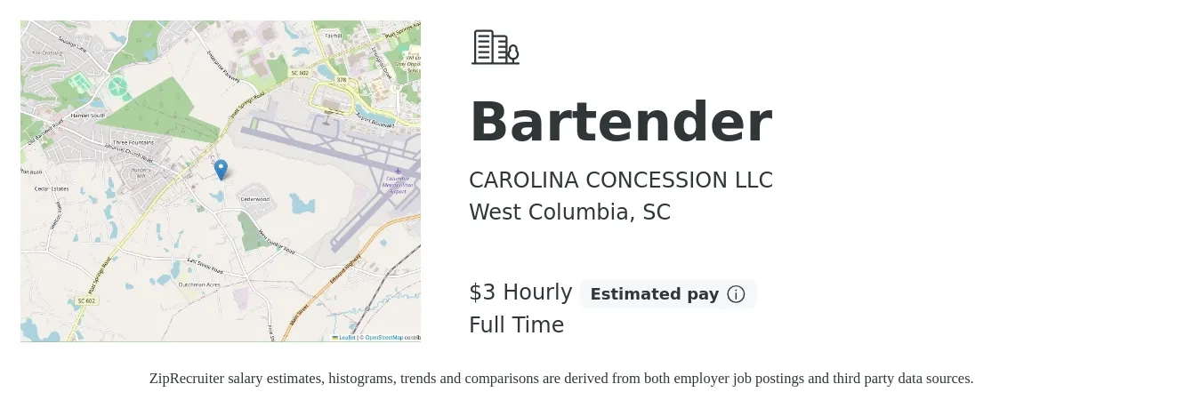 CAROLINA CONCESSION LLC job posting for a Bartender in West Columbia, SC with a salary of $4 to $4 Hourly with a map of West Columbia location.