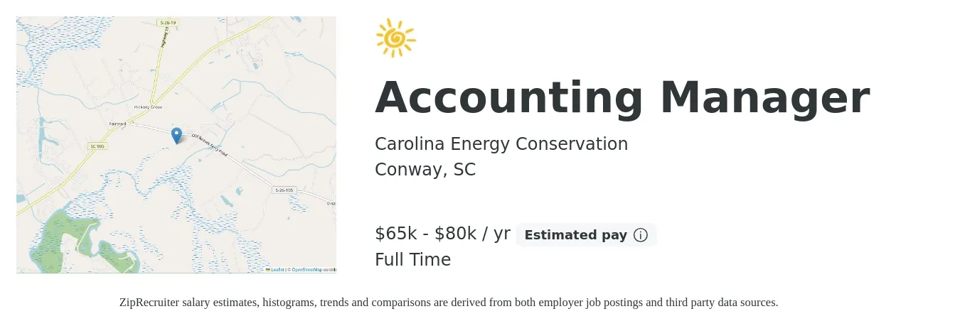Carolina Energy Conservation job posting for a Accounting Manager in Conway, SC with a salary of $80,000 Yearly with a map of Conway location.